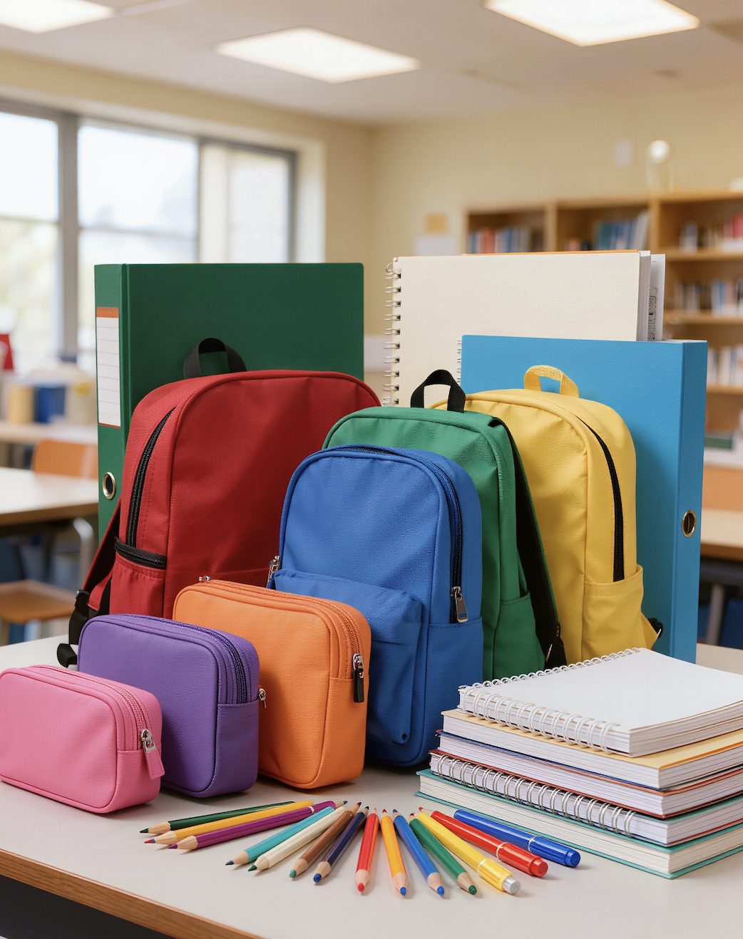 Lot de fournitures scolaires neuves : cartables, cahiers, trousses et crayons